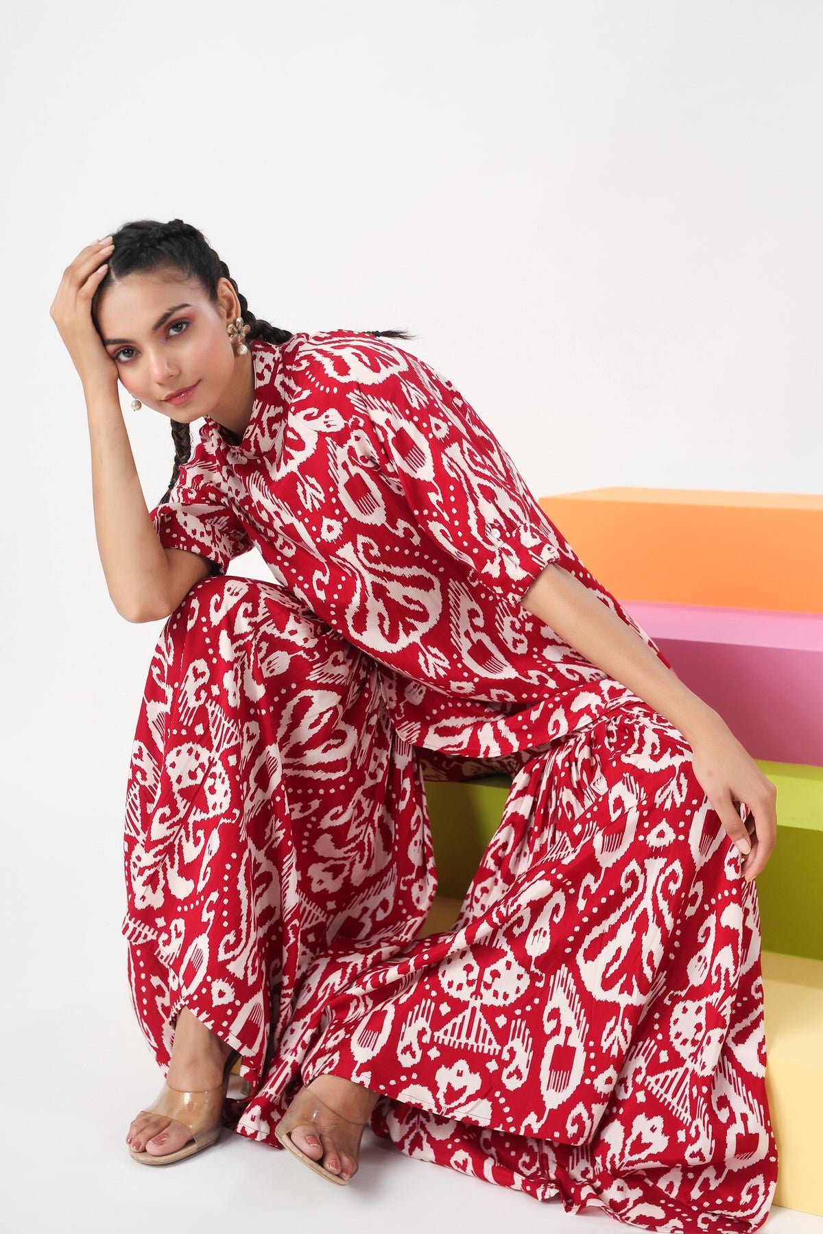 Red Ikat Print Russian Silk Co-ord set