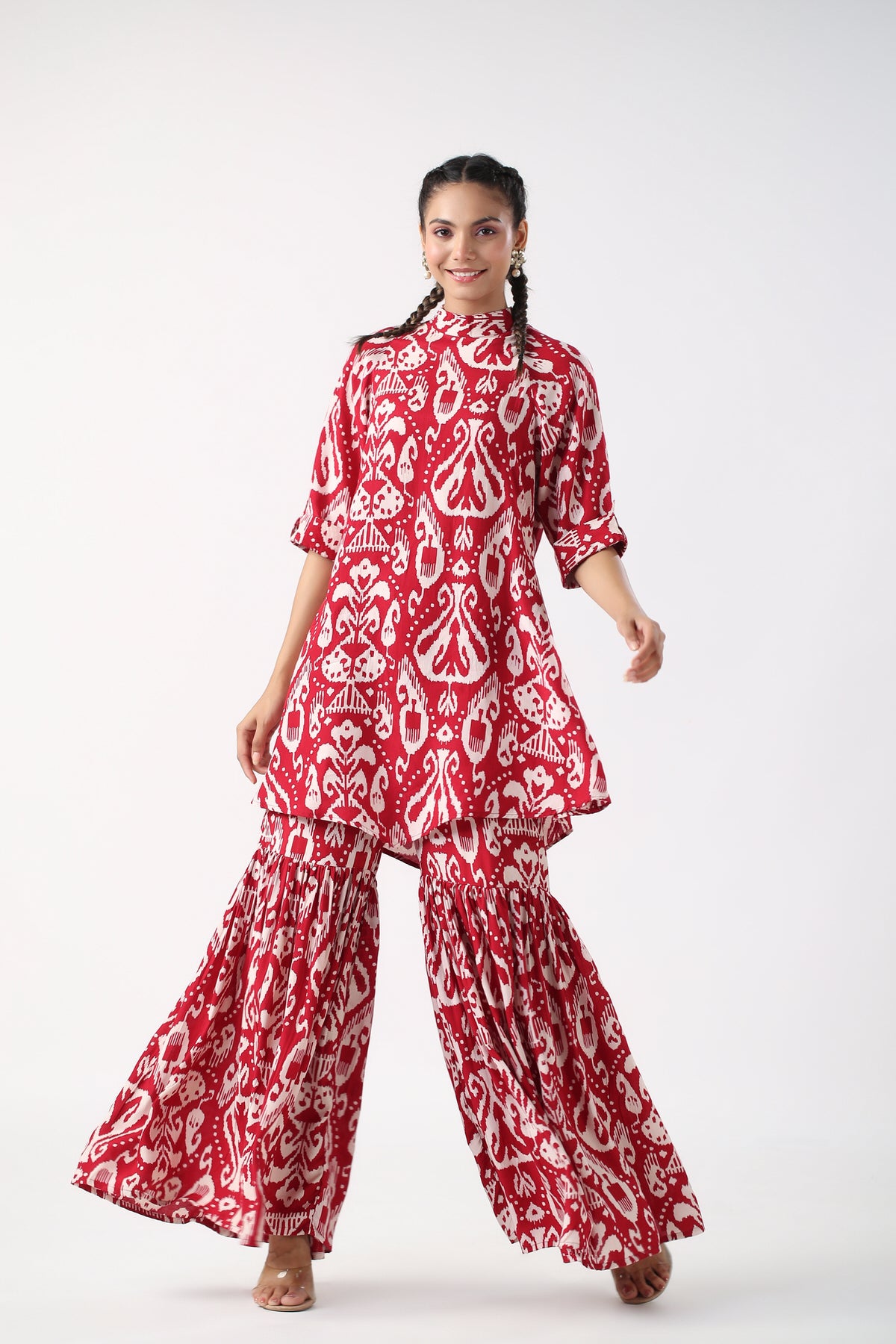 Red Ikat Print Russian Silk Co-ord set