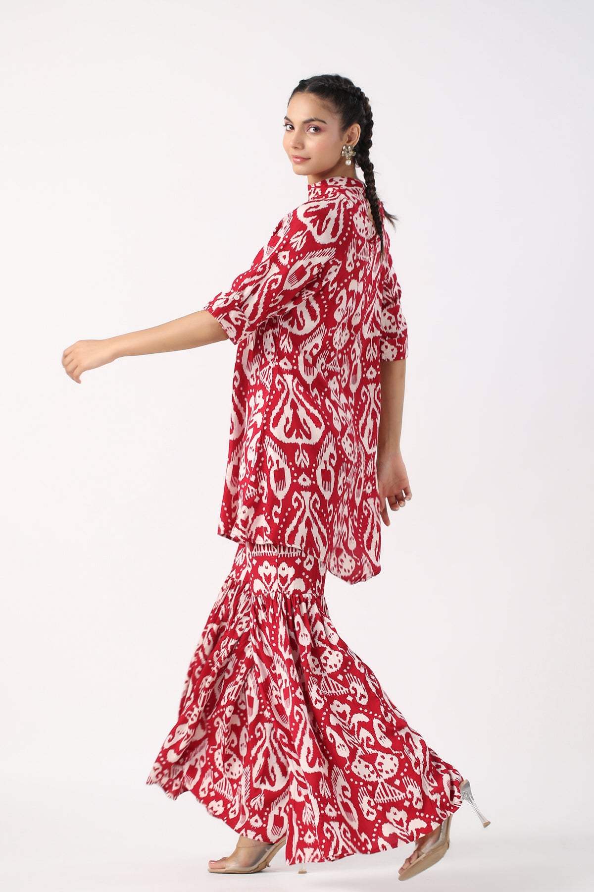 Red Ikat Print Russian Silk Co-ord set