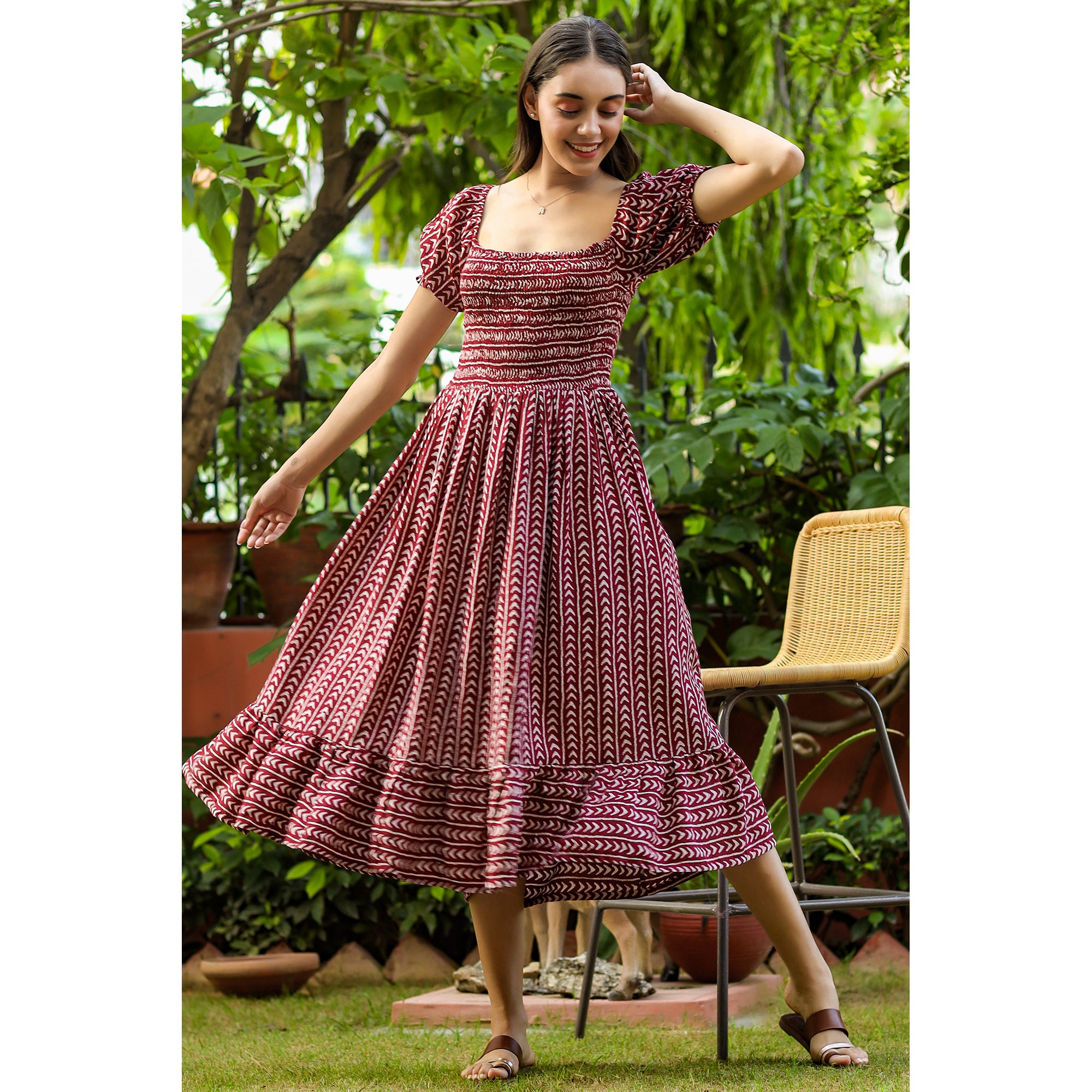 Geometric Arrows on Maroon Silk Midi Dress