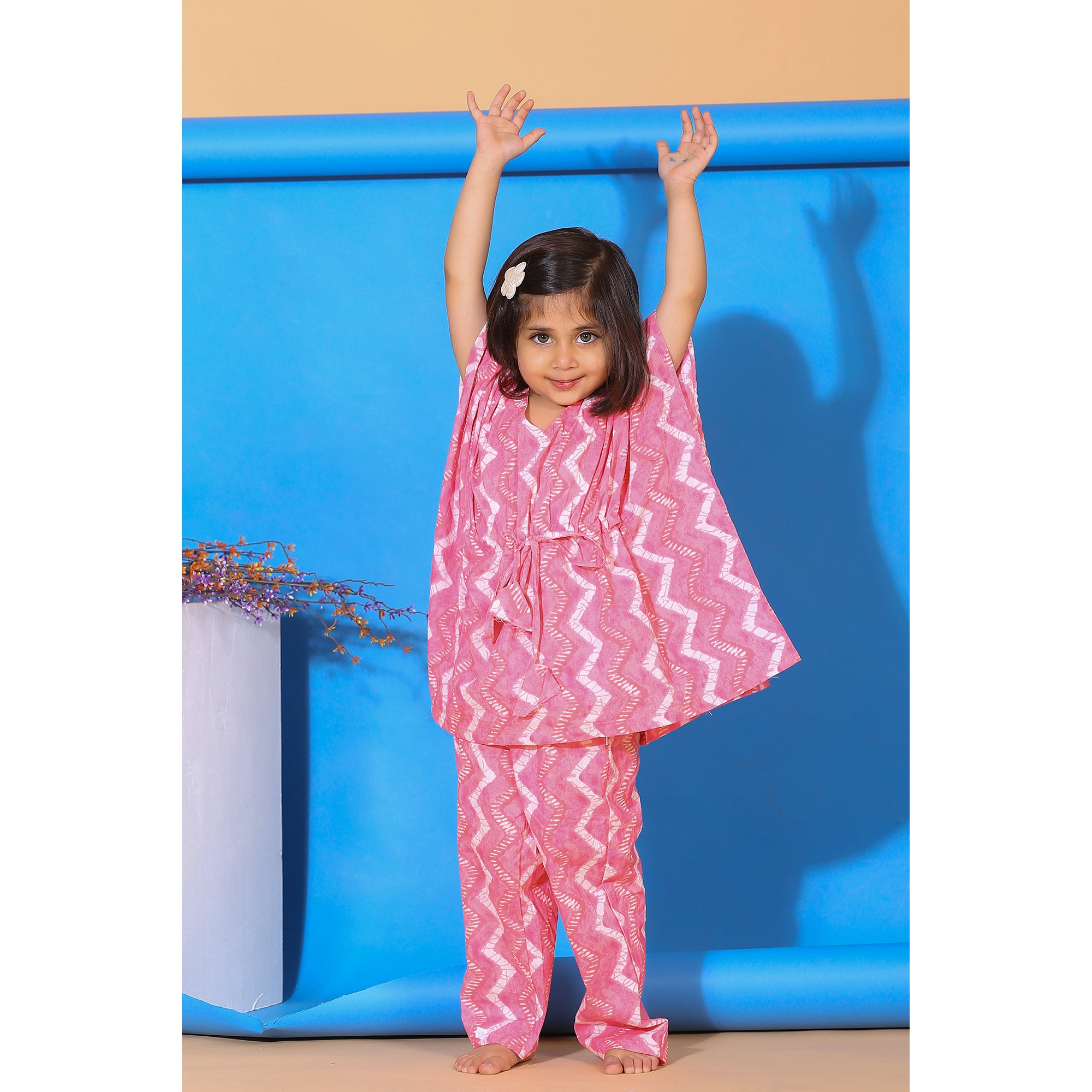 Glitched Stripes on Pink Kids Kaftan Cotton Pyjama