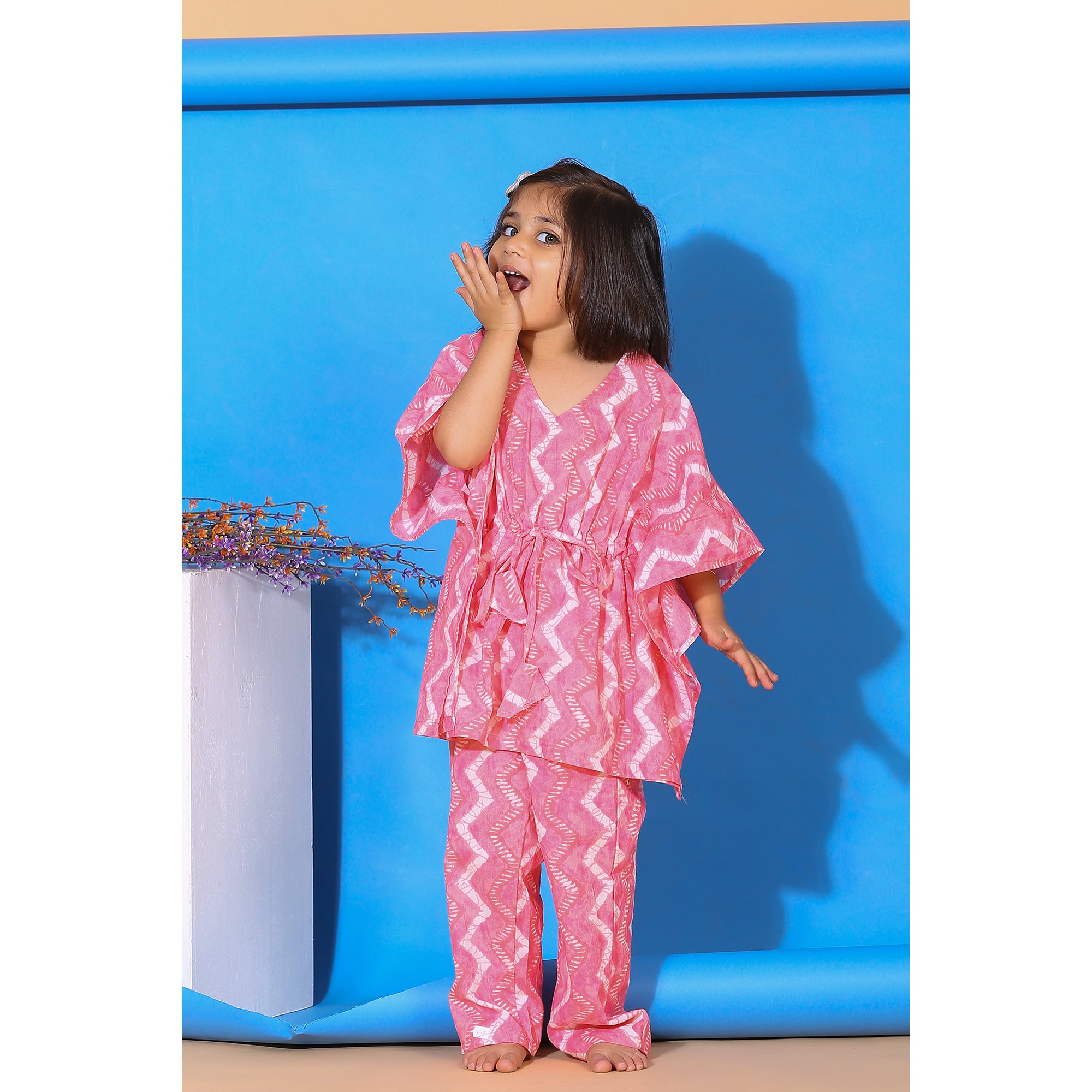 Glitched Stripes on Pink Kids Kaftan Cotton Pyjama