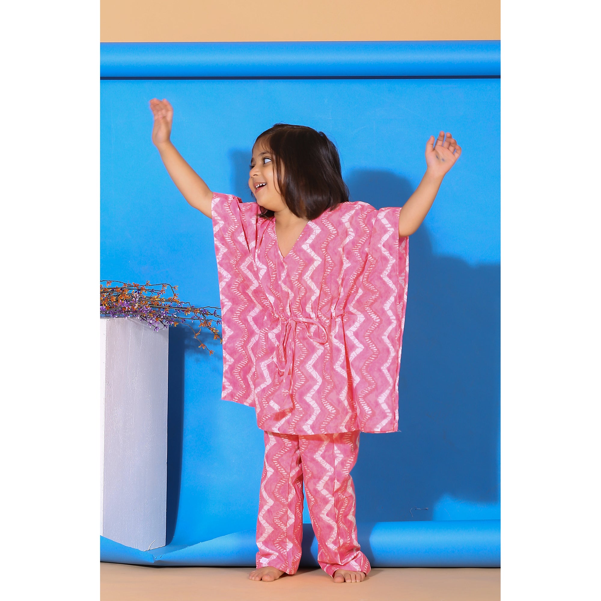 Glitched Stripes on Pink Kids Kaftan Cotton Pyjama