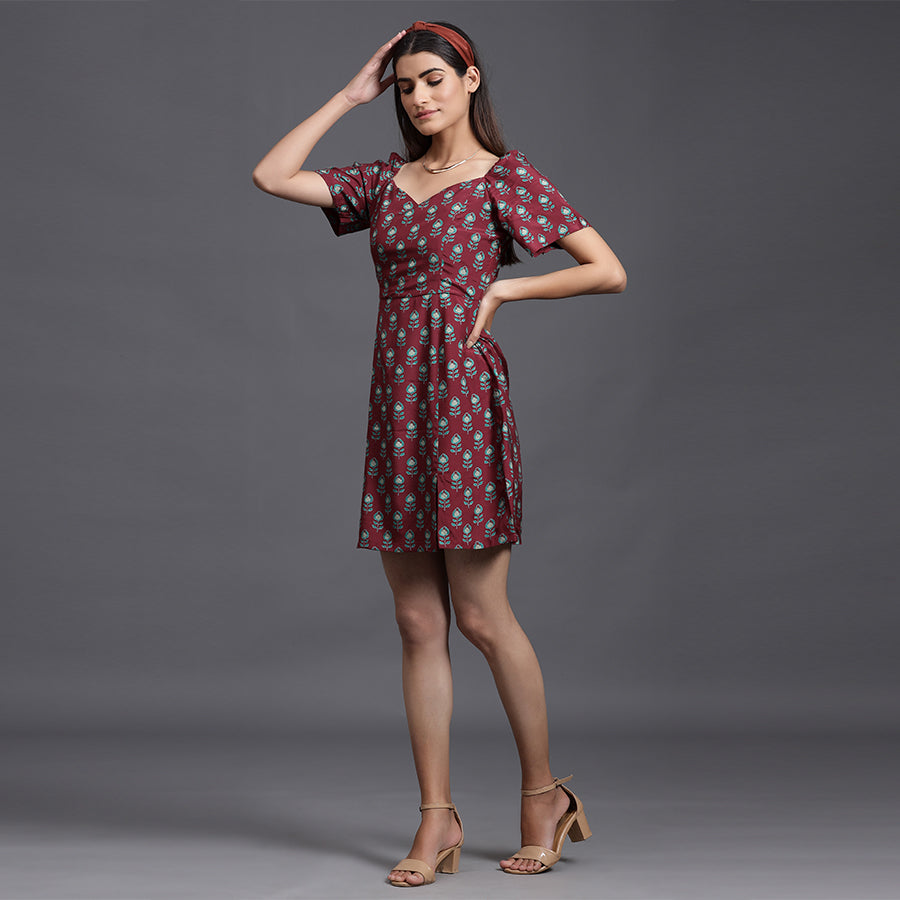 Mimosa on Maroon Russian Silk Dress