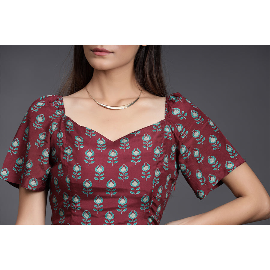 Mimosa on Maroon Russian Silk Dress