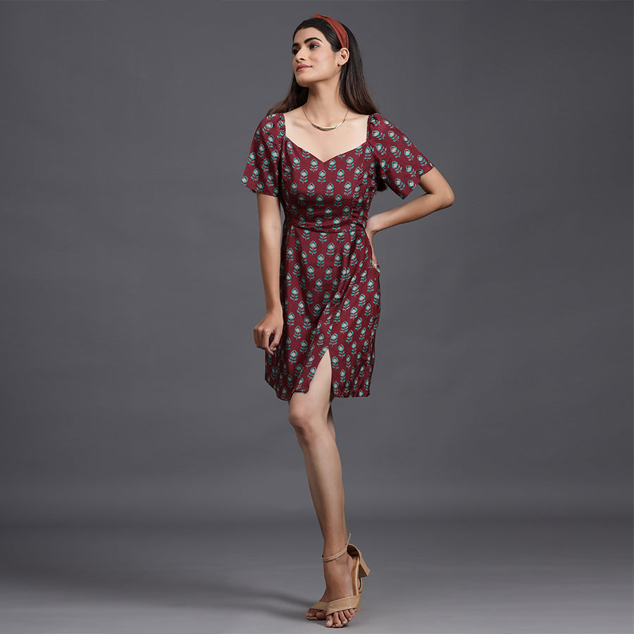 Mimosa on Maroon Russian Silk Dress