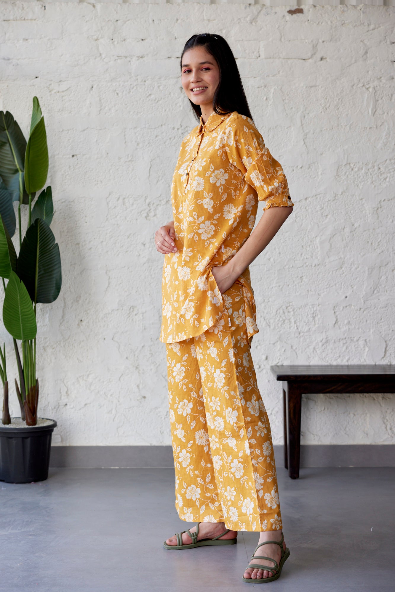 Floral Jaal on Mustard Cotton Palazzo Loungewear Set