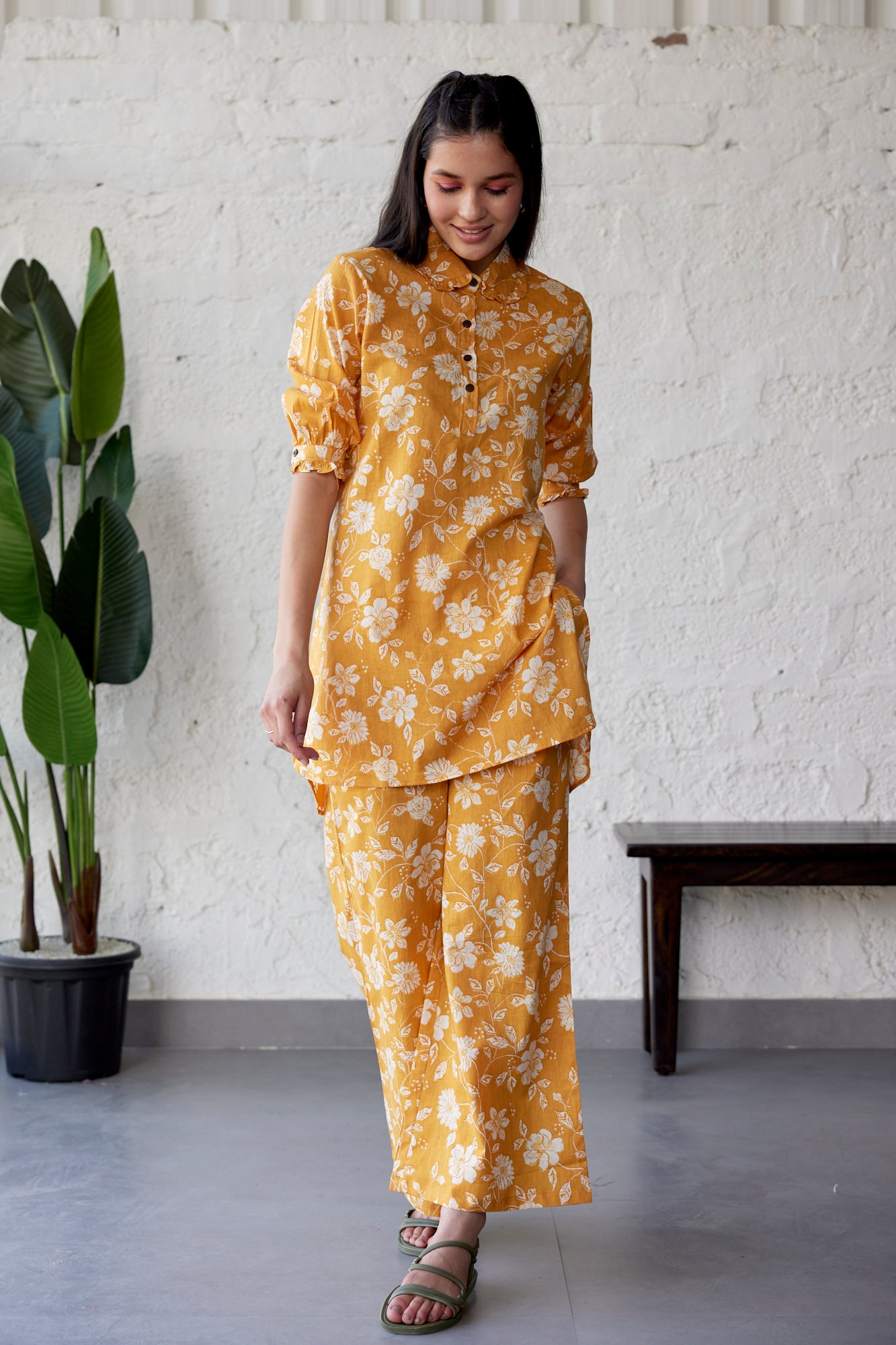 Floral Jaal on Mustard Cotton Palazzo Loungewear Set