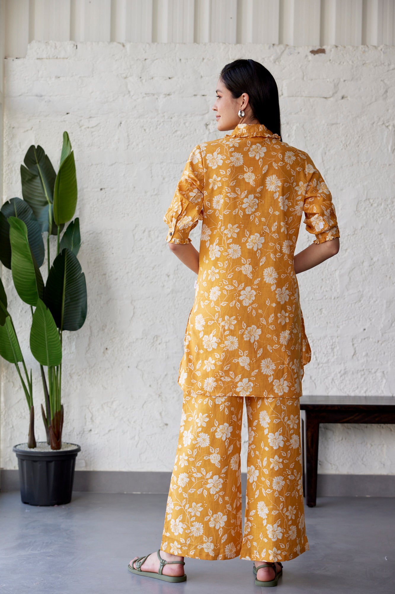 Floral Jaal on Mustard Cotton Palazzo Loungewear Set