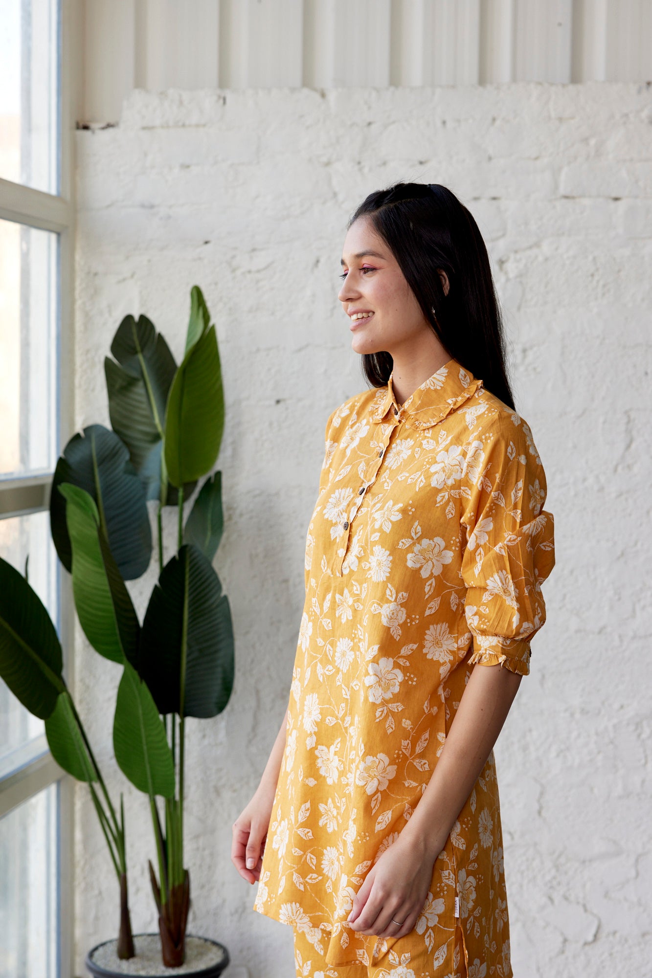 Floral Jaal on Mustard Cotton Palazzo Loungewear Set