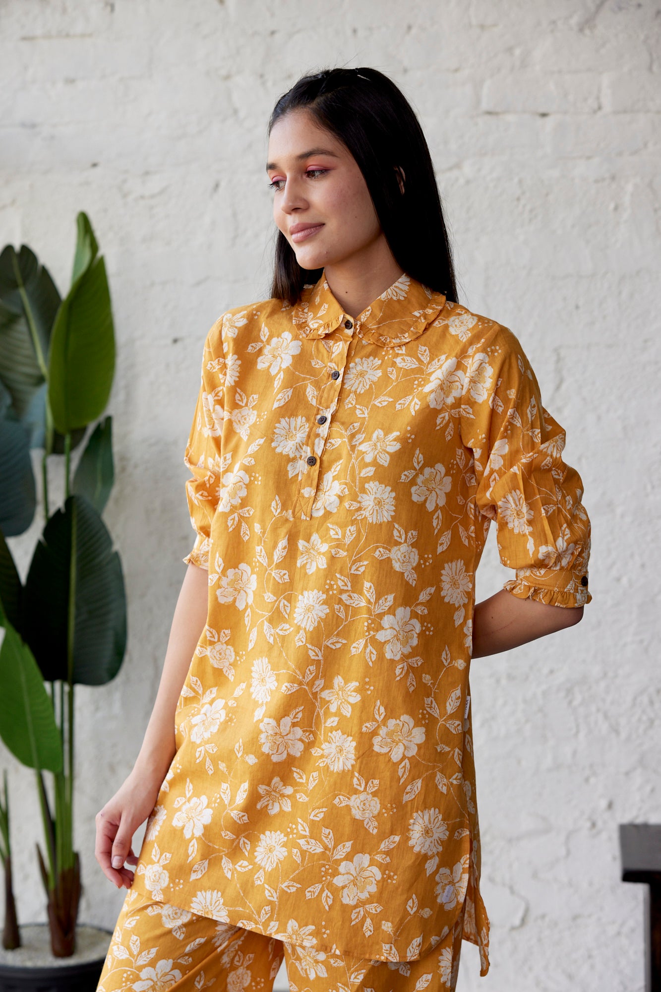 Floral Jaal on Mustard Cotton Palazzo Loungewear Set