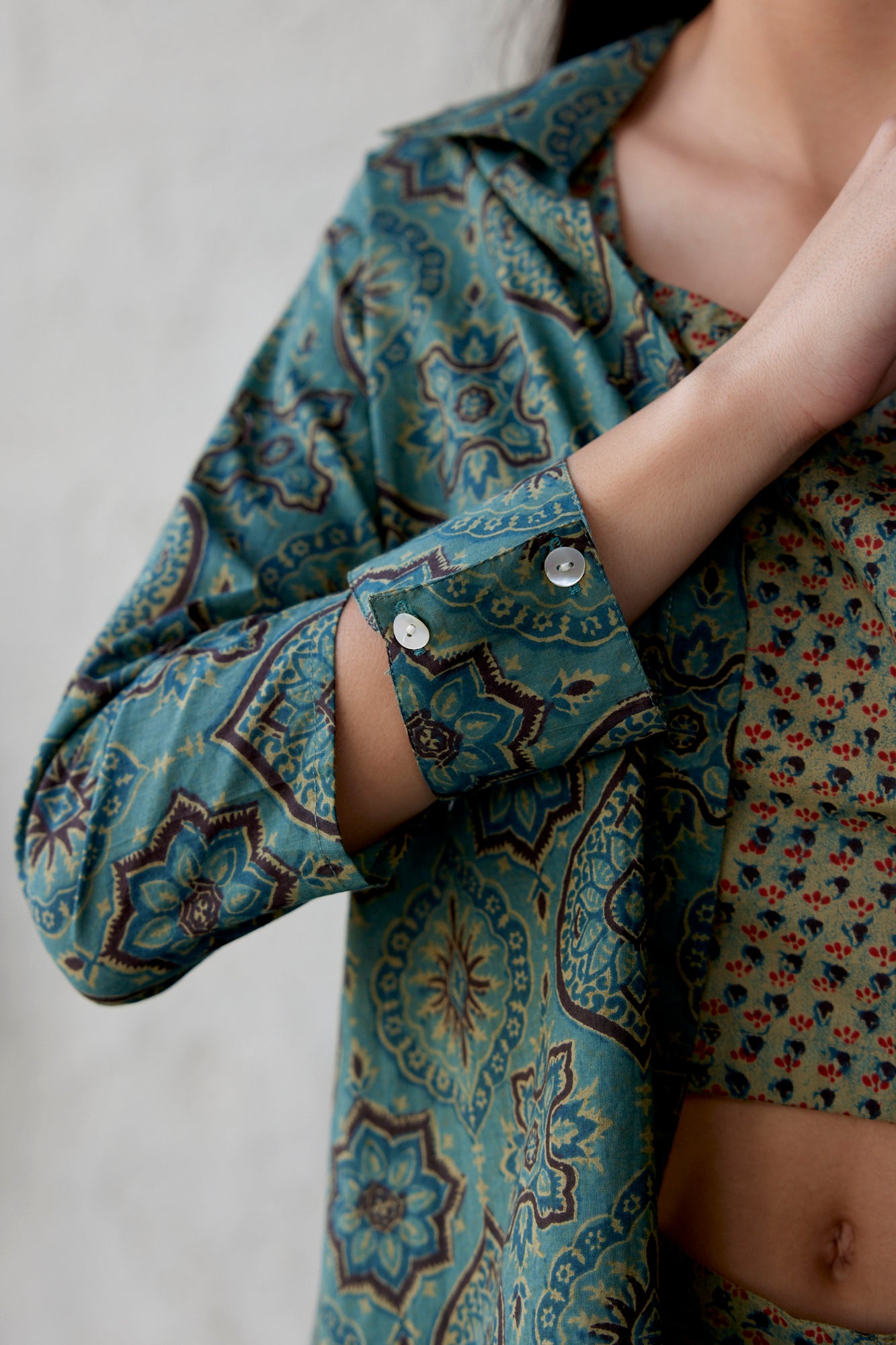 Ethnic Motif on Green Three Piece Cotton Co-ord Set