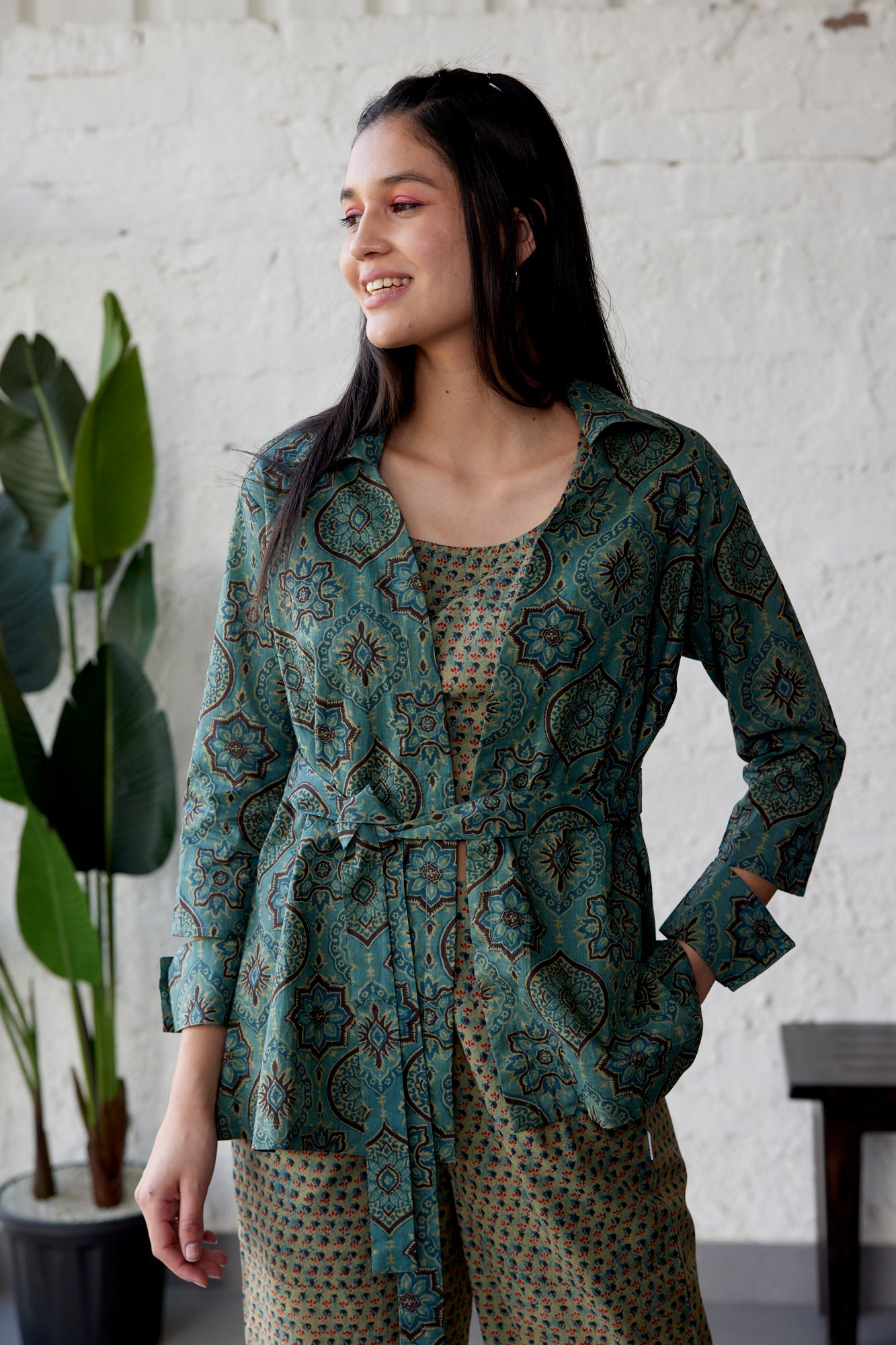 Ethnic Motif on Green Three Piece Cotton Co-ord Set