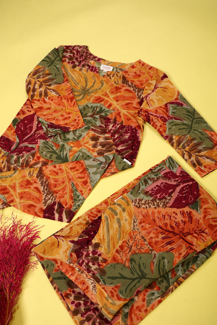 Autumn Leaves on Multicoloured Cotton Palazzo Loungewear Set