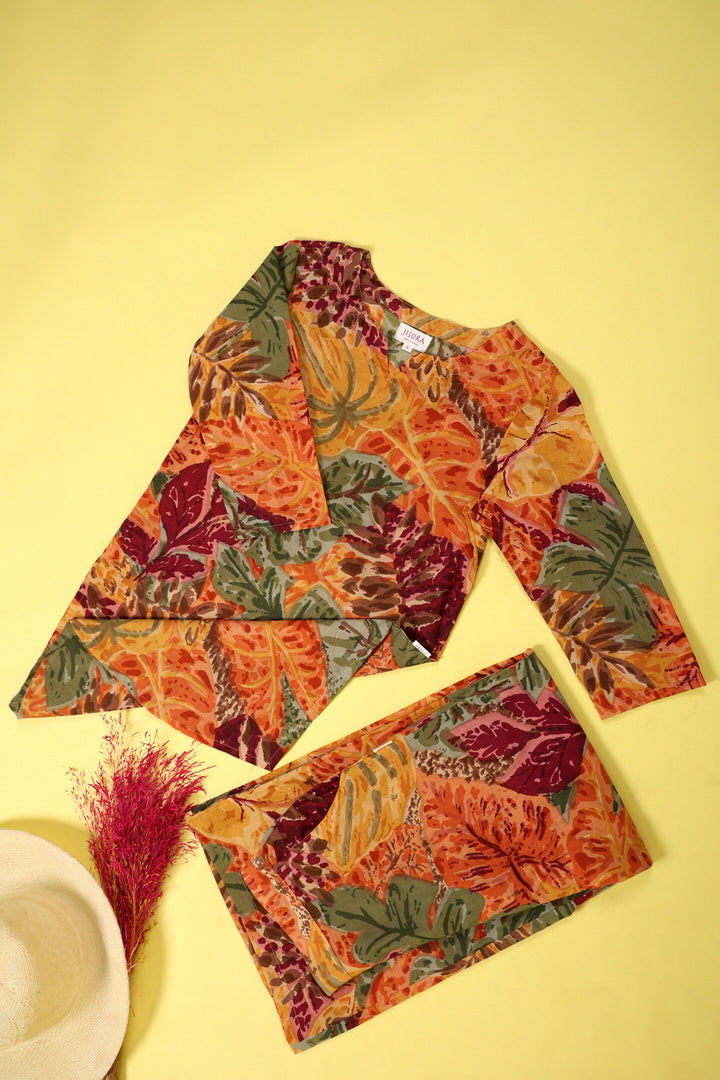 Autumn Leaves on Multicoloured Cotton Palazzo Loungewear Set