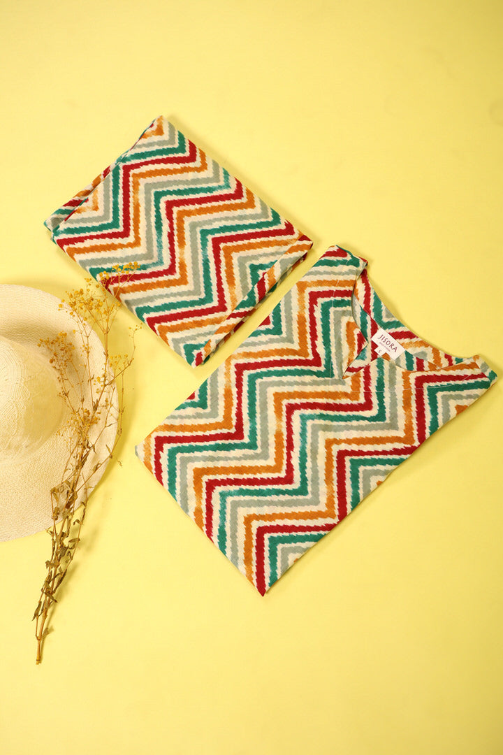Multicoloured Zigzag Lehariya On Off white Cotton Palazzo Loungewear Set