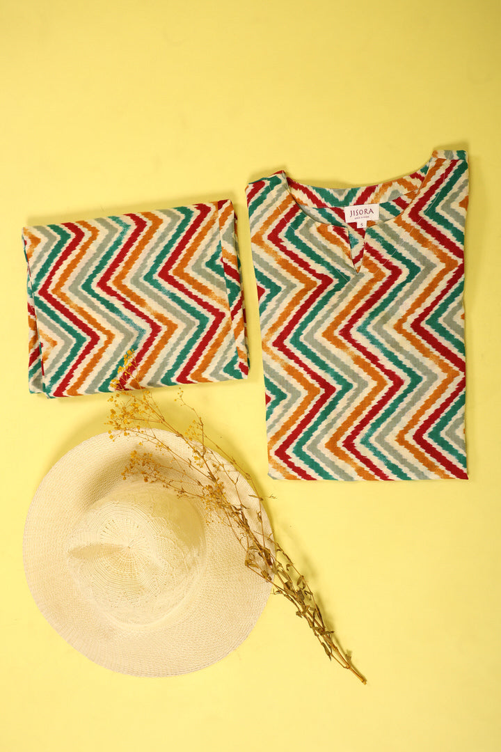 Multicoloured Zigzag Lehariya On Off white Cotton Palazzo Loungewear Set