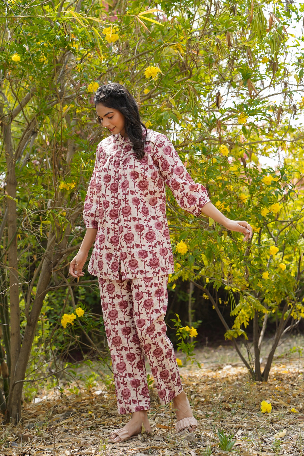 Floral Twines on off white Cotton Loungewear Top Set