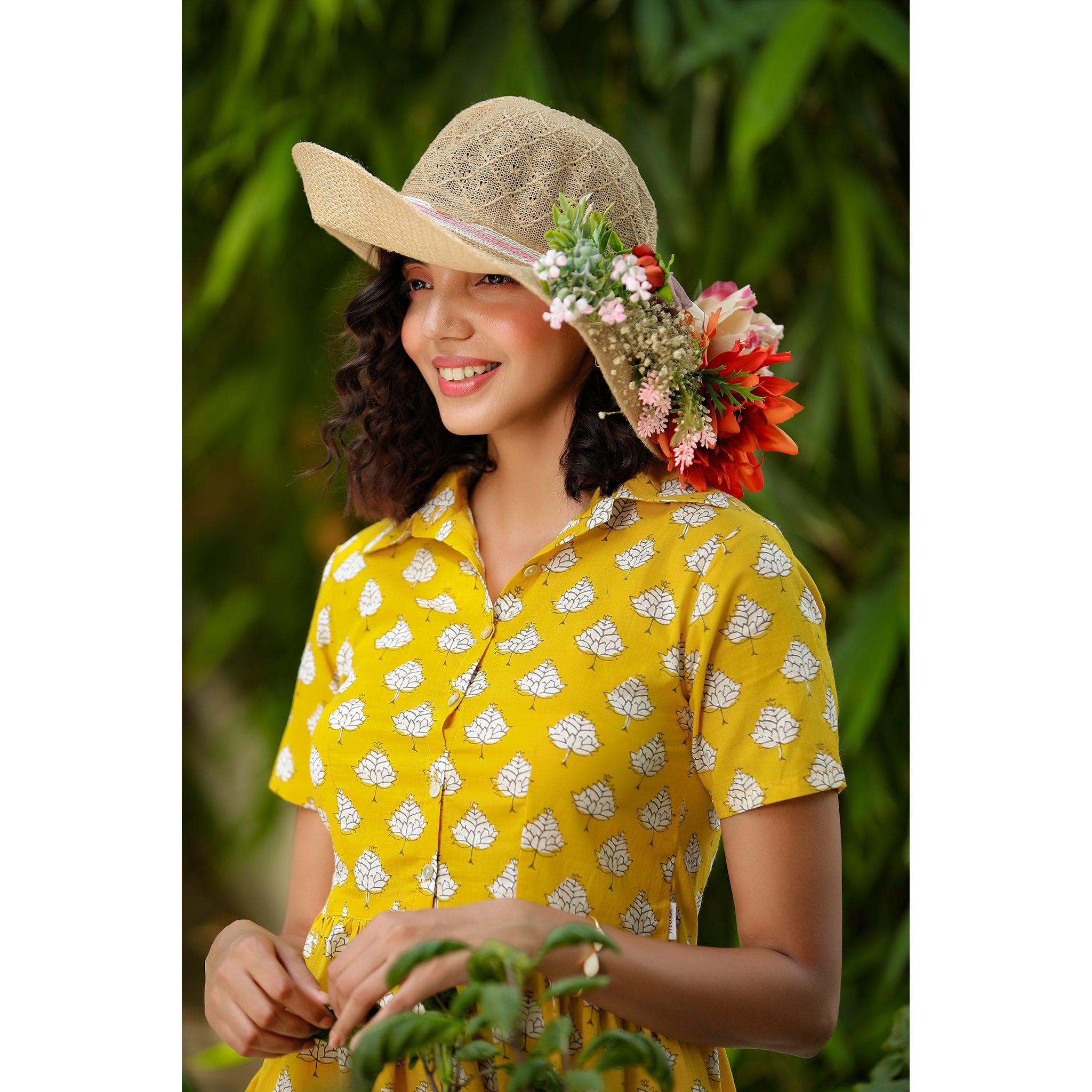 Tropical leaves with stripes on yellow Peplum Loungewear Top Set