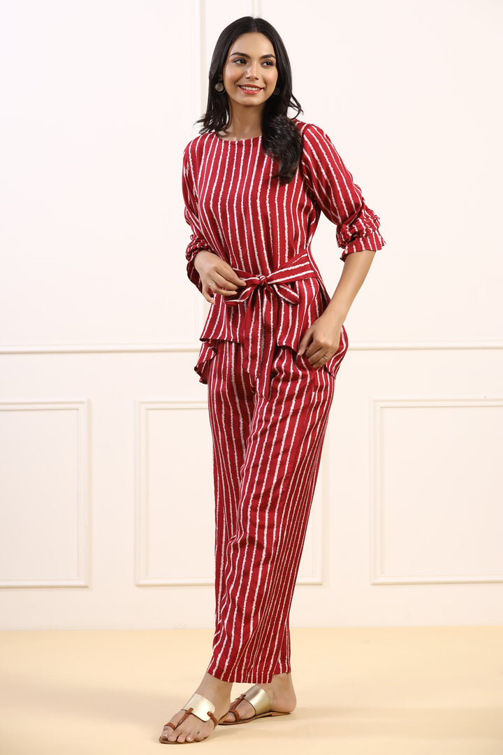 Stripes on Muslin Silk Maroon Co-ord Set