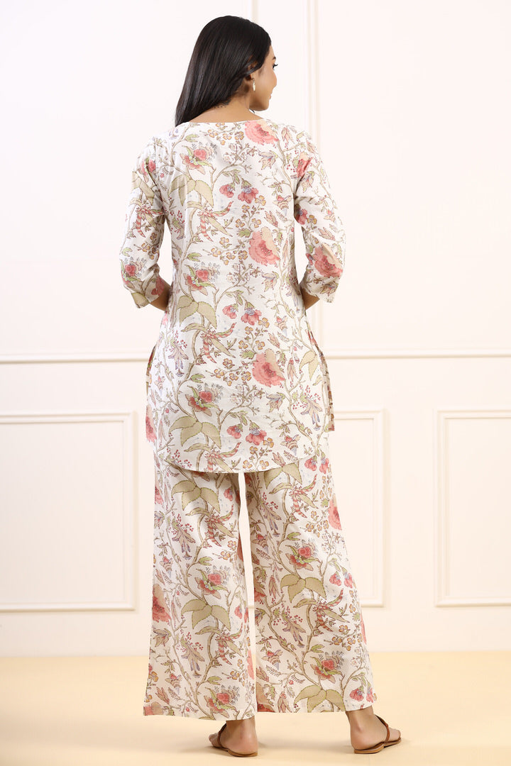 Soothing floral on Off-white Cotton Palazzo Loungewear Set