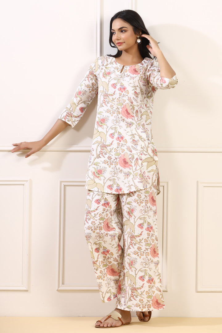 Soothing floral on Off-white Cotton Palazzo Loungewear Set