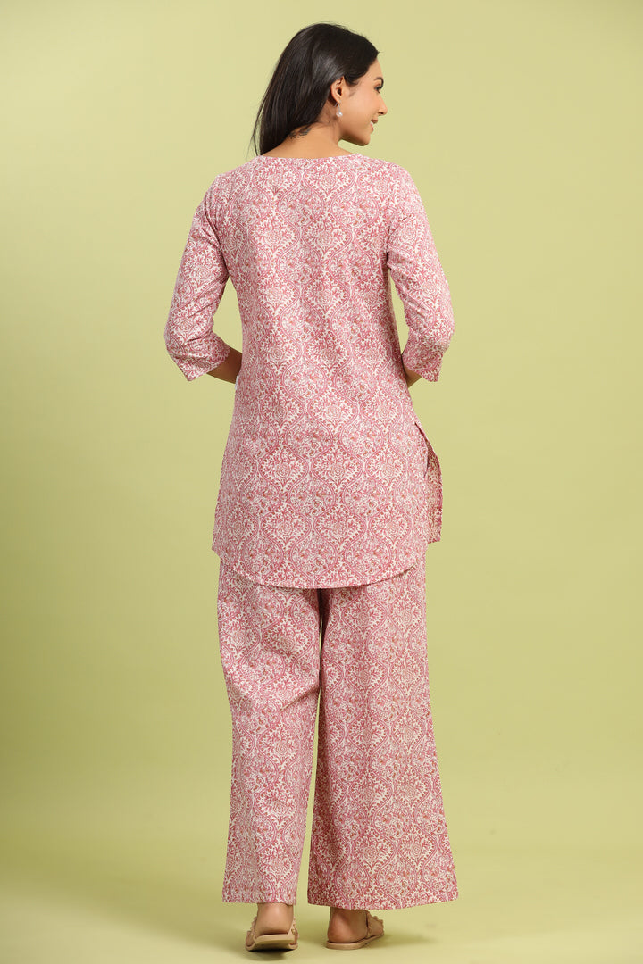 Pink Jharokha’s on White Cotton Palazzo Loungewear Set