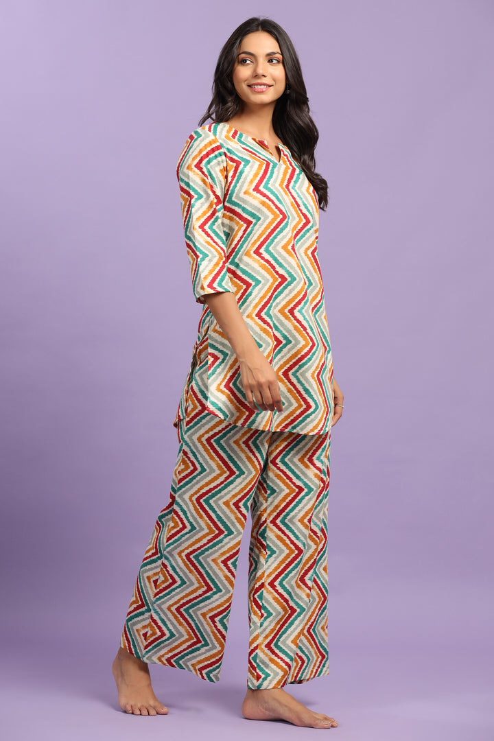 Multicoloured Zigzag Lehariya On Off white Cotton Palazzo Loungewear Set