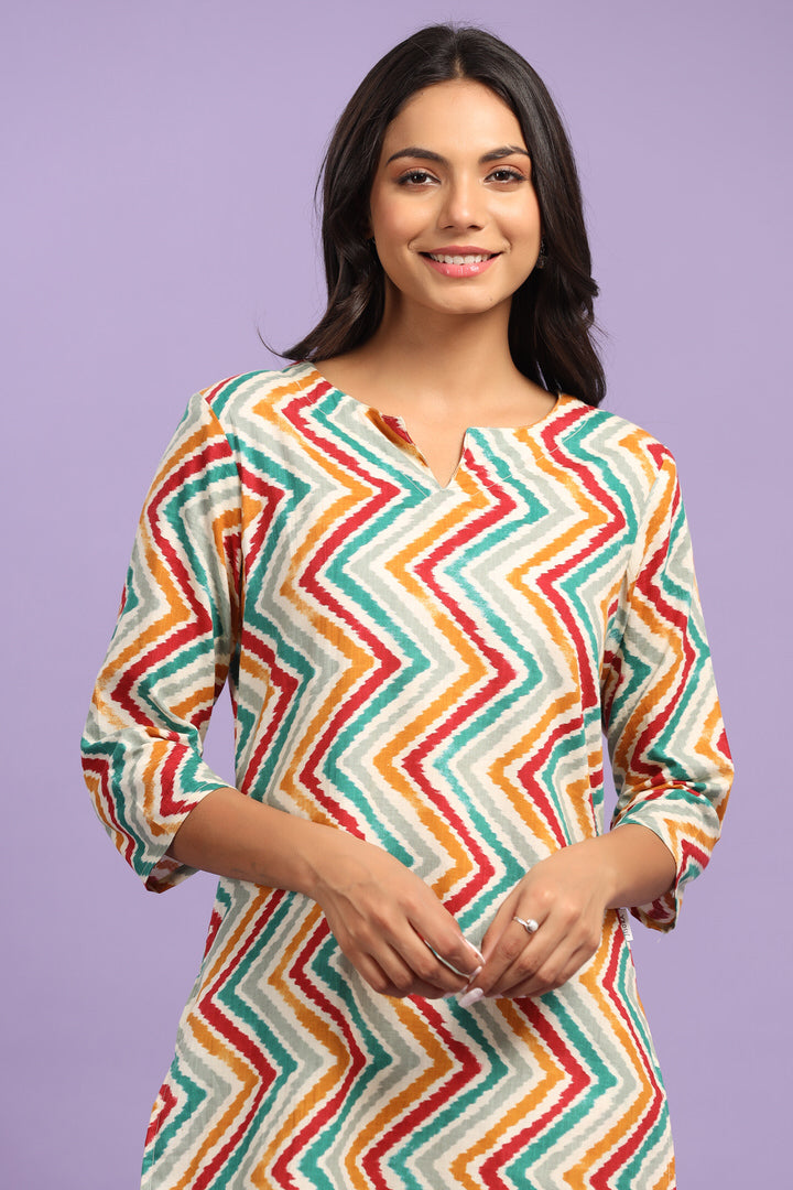 Multicoloured Zigzag Lehariya On Off white Cotton Palazzo Loungewear Set