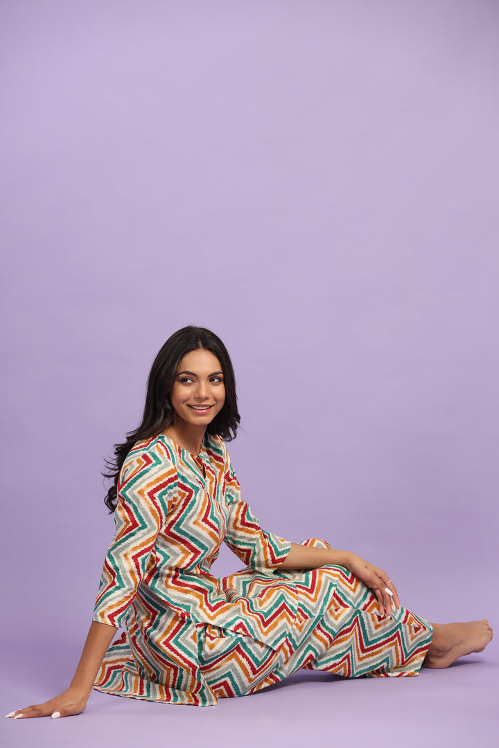 Multicoloured Zigzag Lehariya On Off white Cotton Palazzo Loungewear Set