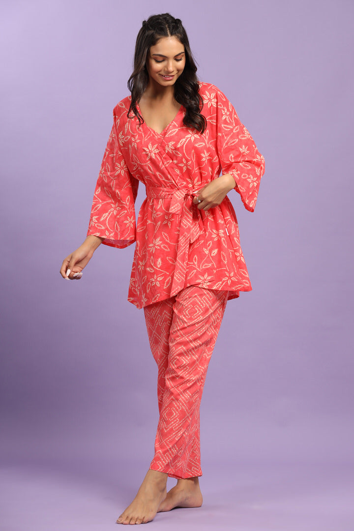 Floral Shibori on Peach Cotton Three Piece Set