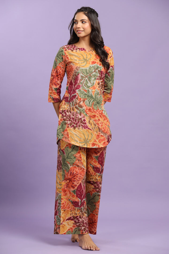 Autumn Leaves on Multicoloured Cotton Palazzo Loungewear Set