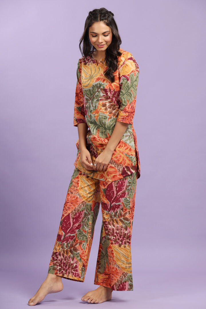 Autumn Leaves on Multicoloured Cotton Palazzo Loungewear Set