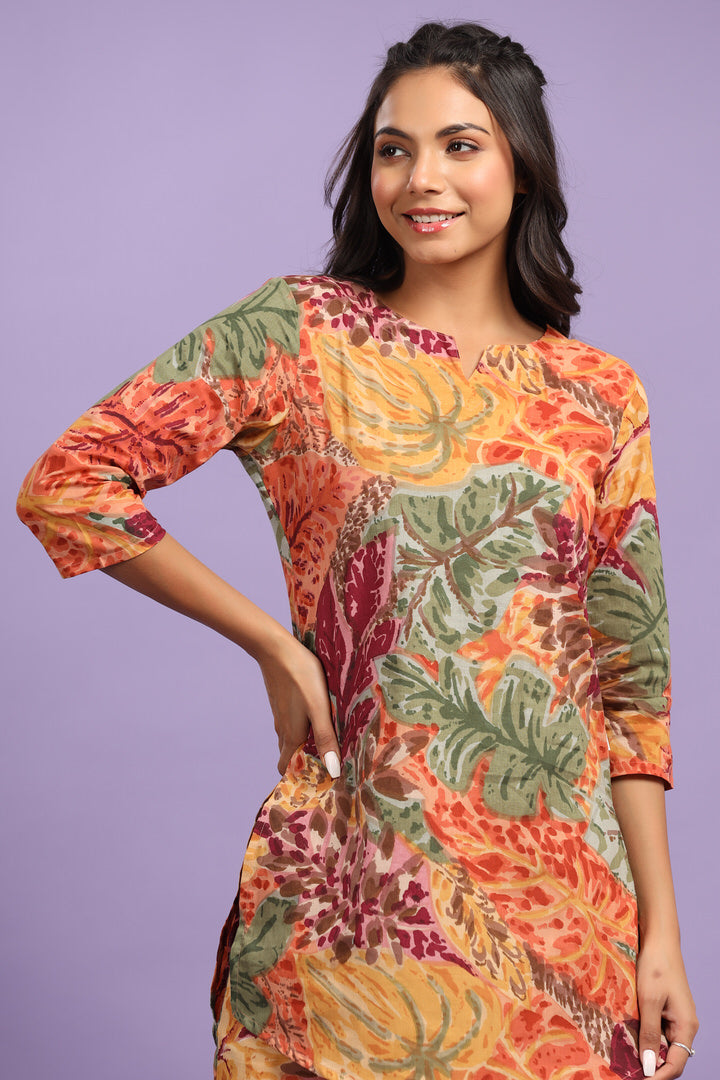 Autumn Leaves on Multicoloured Cotton Palazzo Loungewear Set