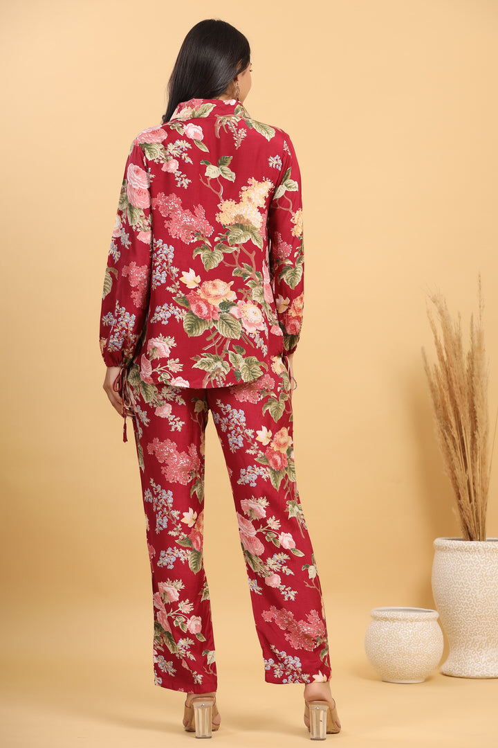 Red Floral Russian Silk Co-ord Set