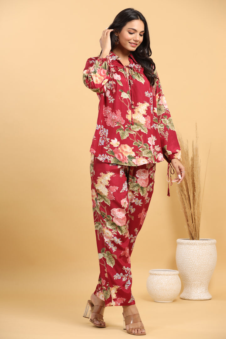Red Floral Russian Silk Co-ord Set