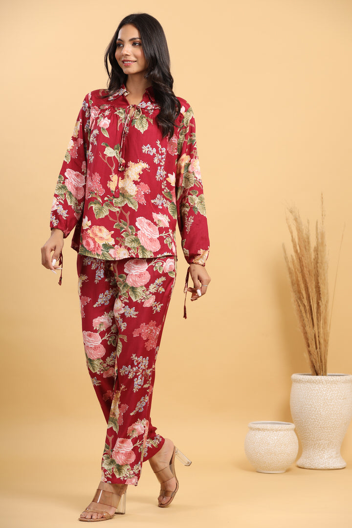 Red Floral Russian Silk Co-ord Set