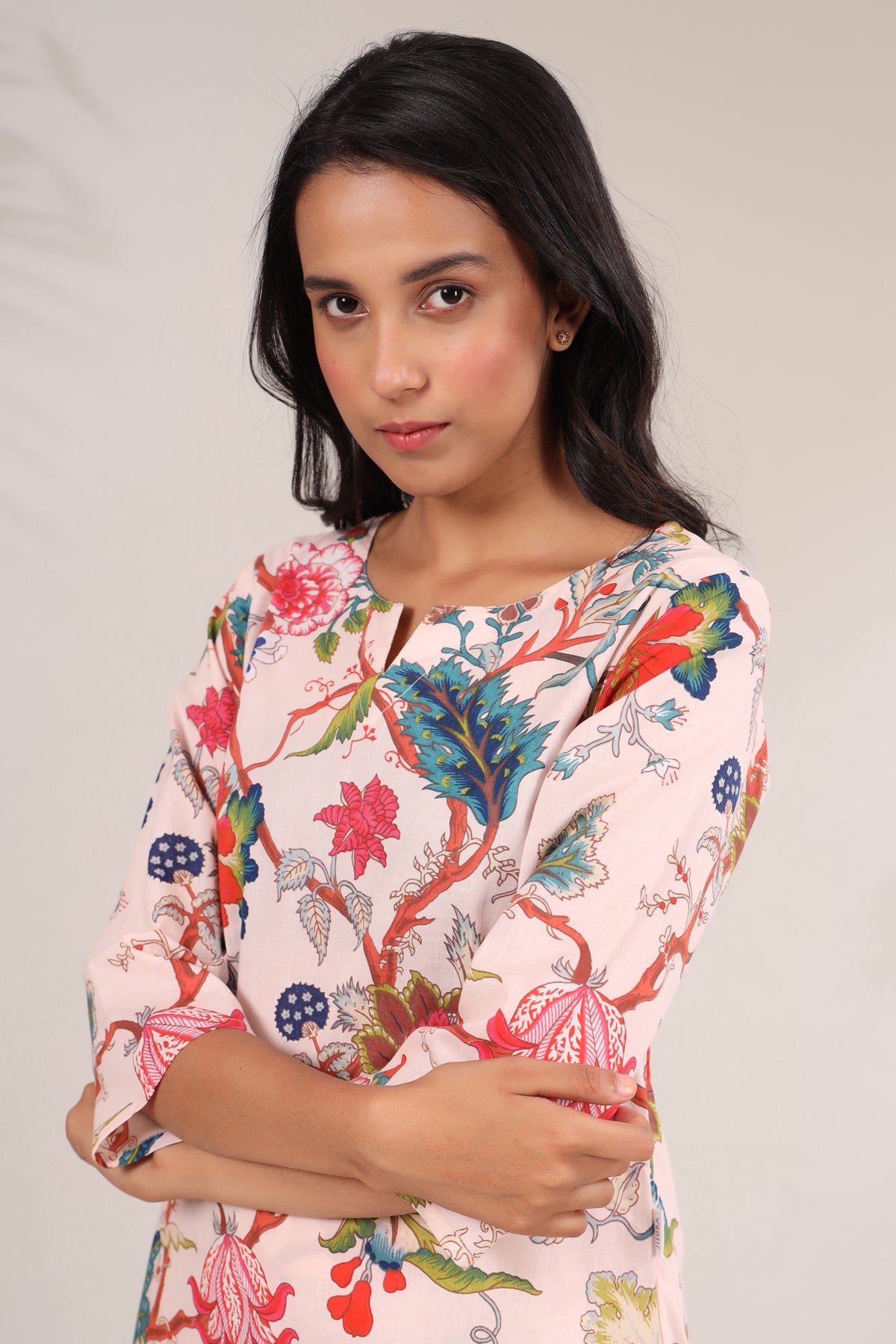 Multicolored Jaal On Pink Loungewear Top Set