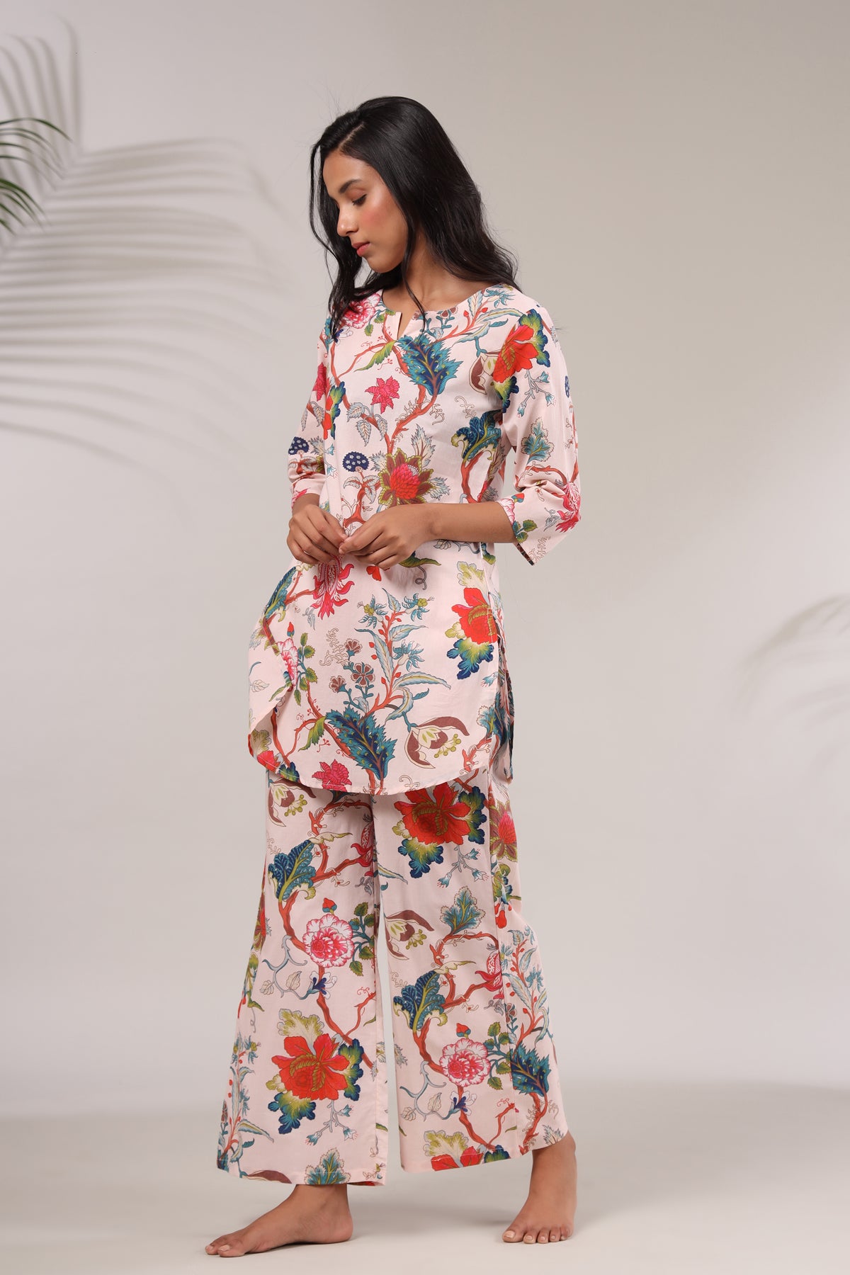 Multicolored Jaal On Pink Loungewear Top Set