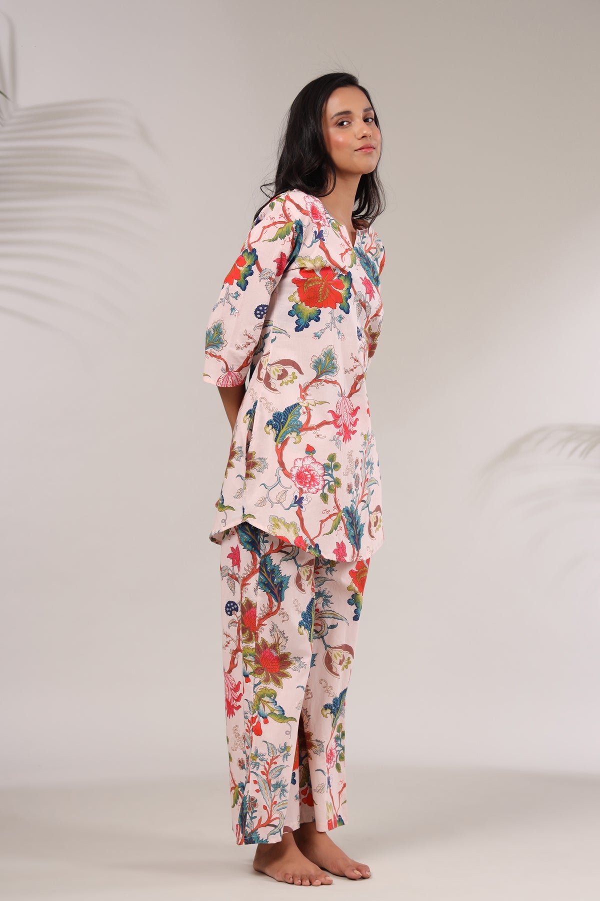 Multicolored Jaal On Pink Loungewear Top Set