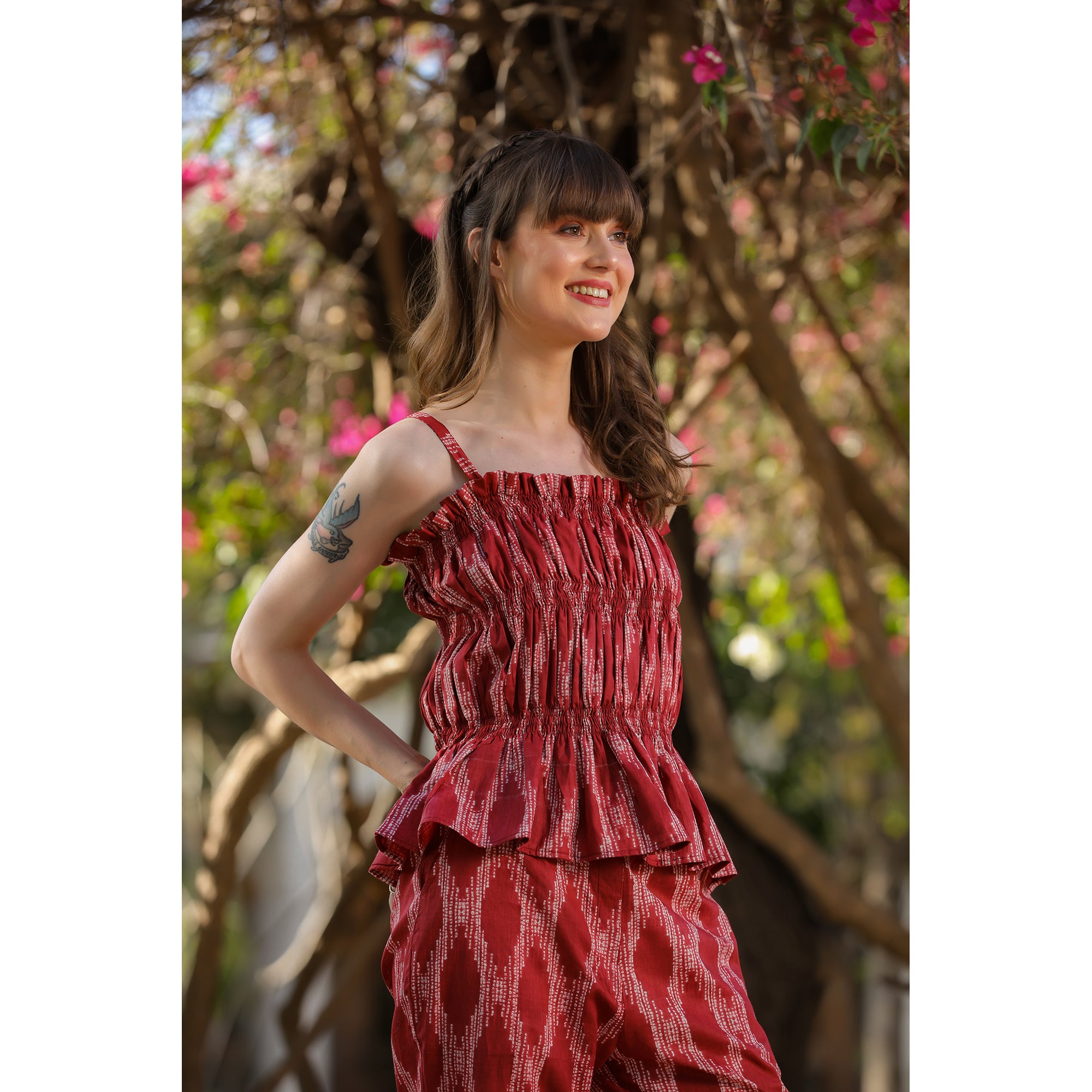 Smocked Shibori on Maroon cotton Co-ord Set