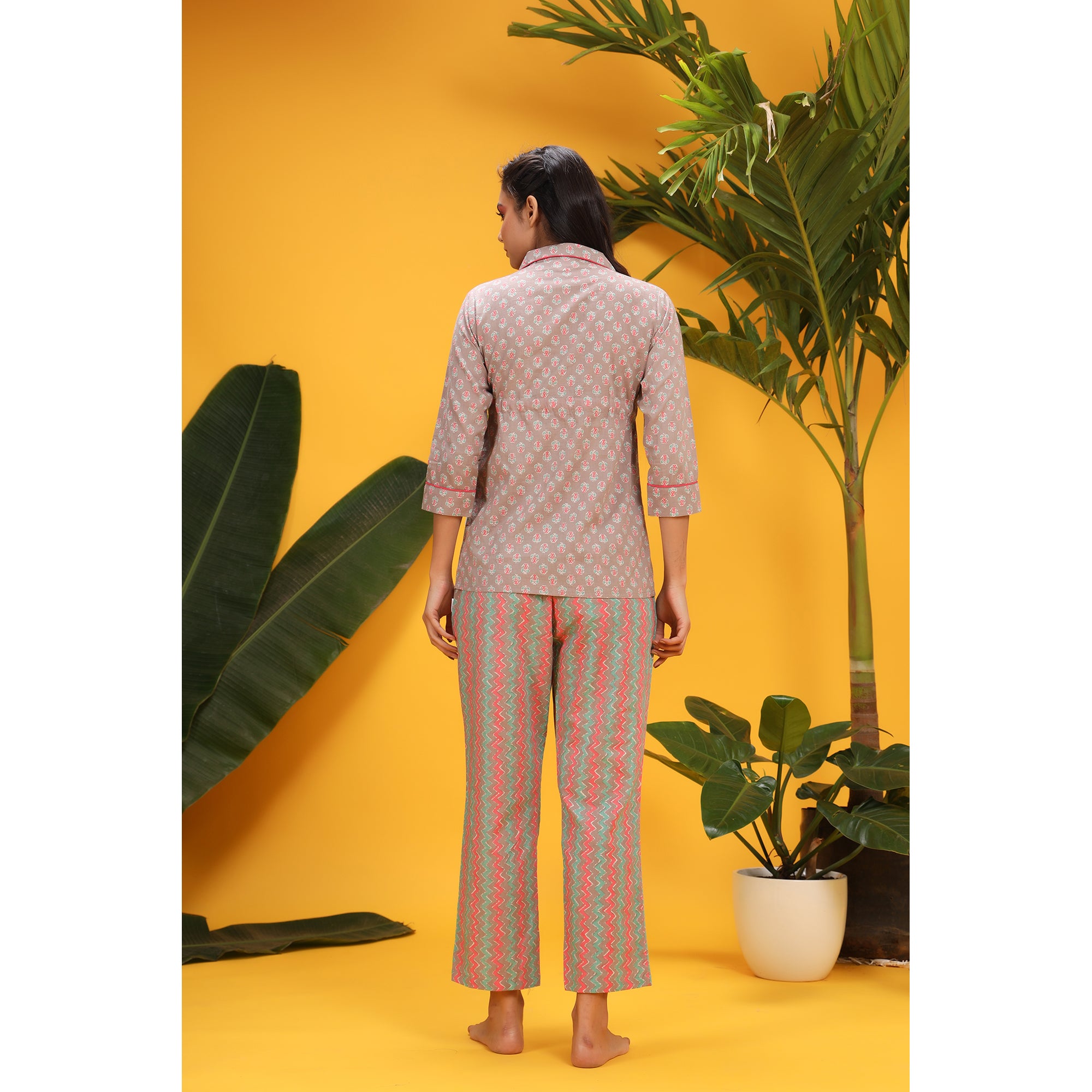 Pink Pop on Grey Front-tie Cotton Loungewear Top Set