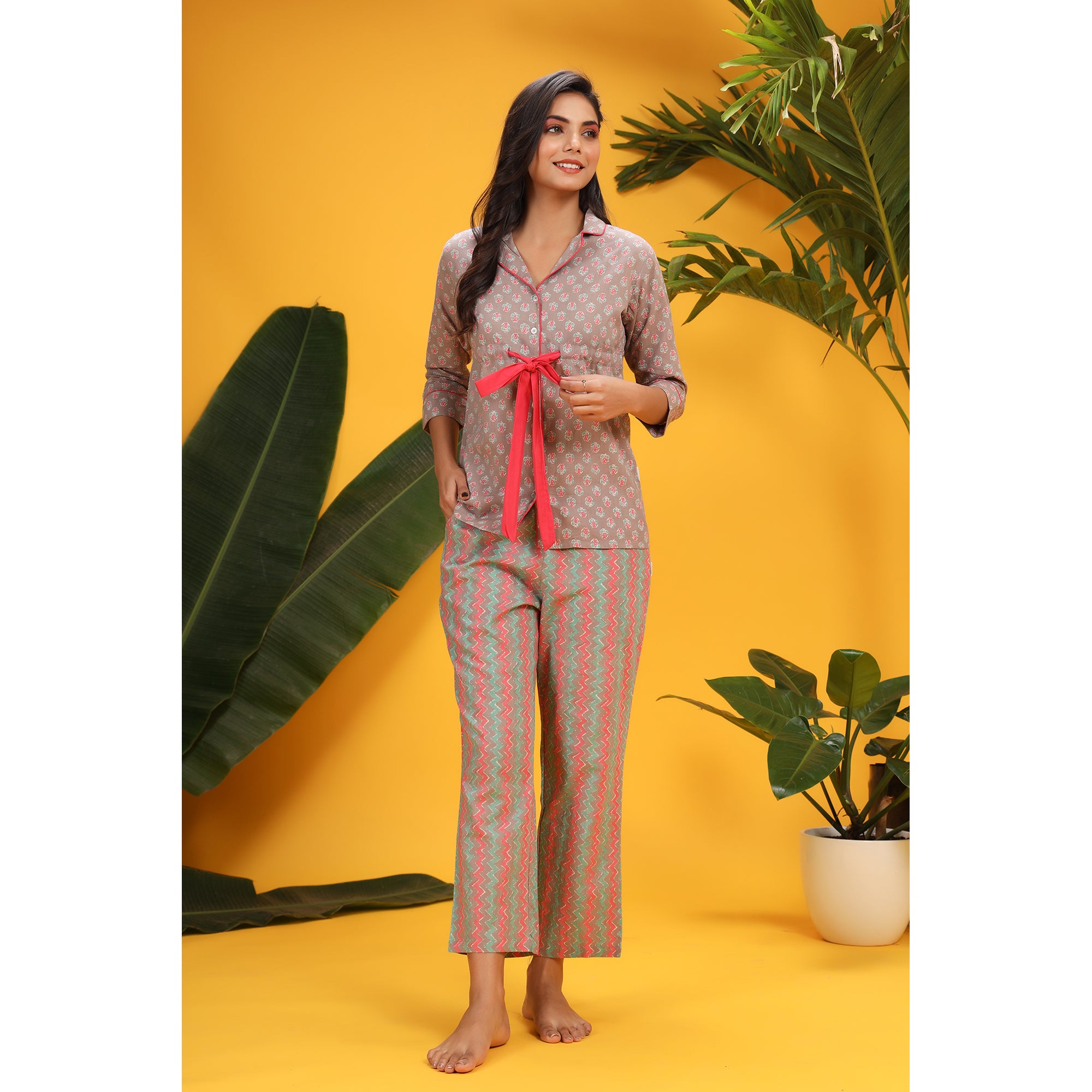 Pink Pop on Grey Front-tie Cotton Loungewear Top Set