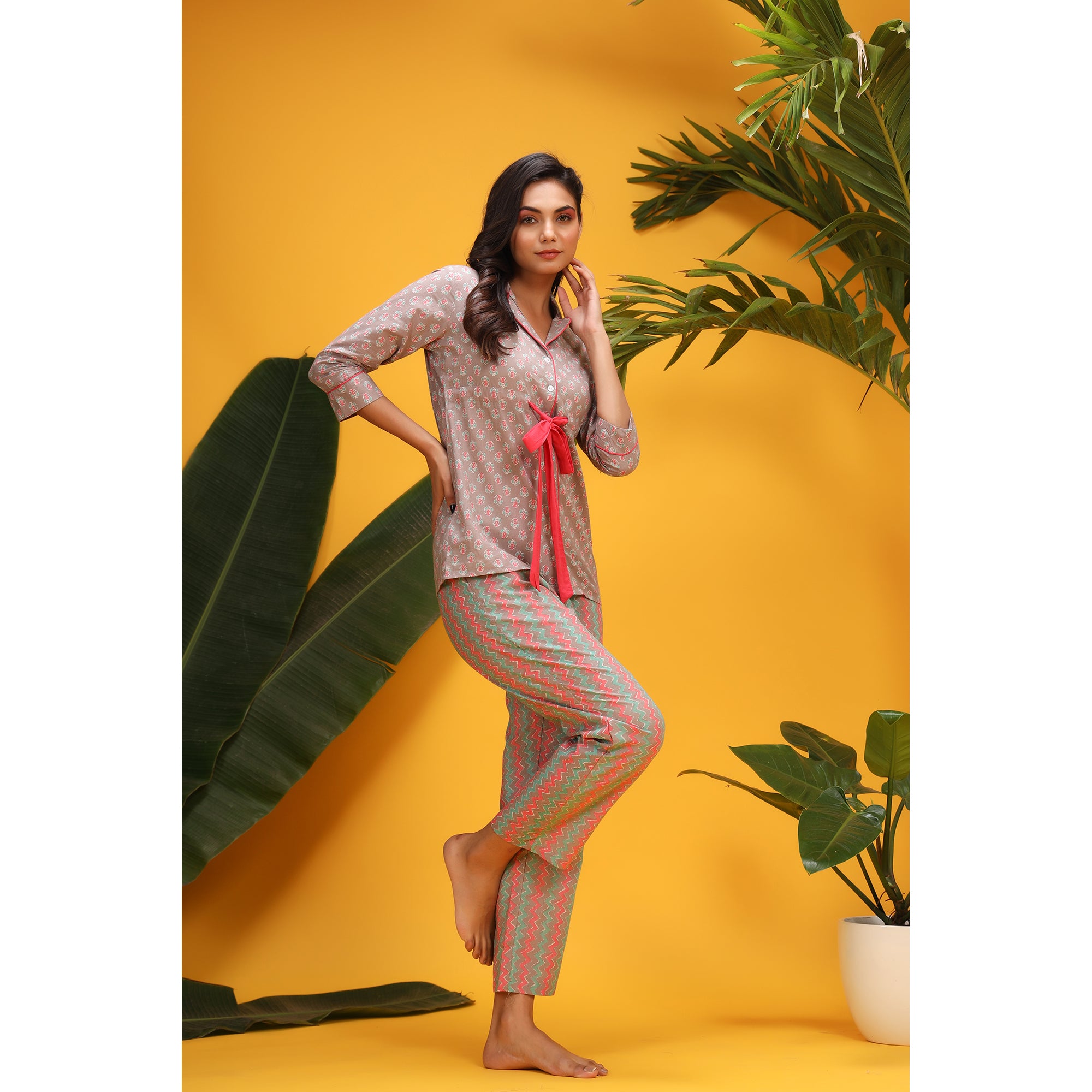 Pink Pop on Grey Front-tie Cotton Loungewear Top Set