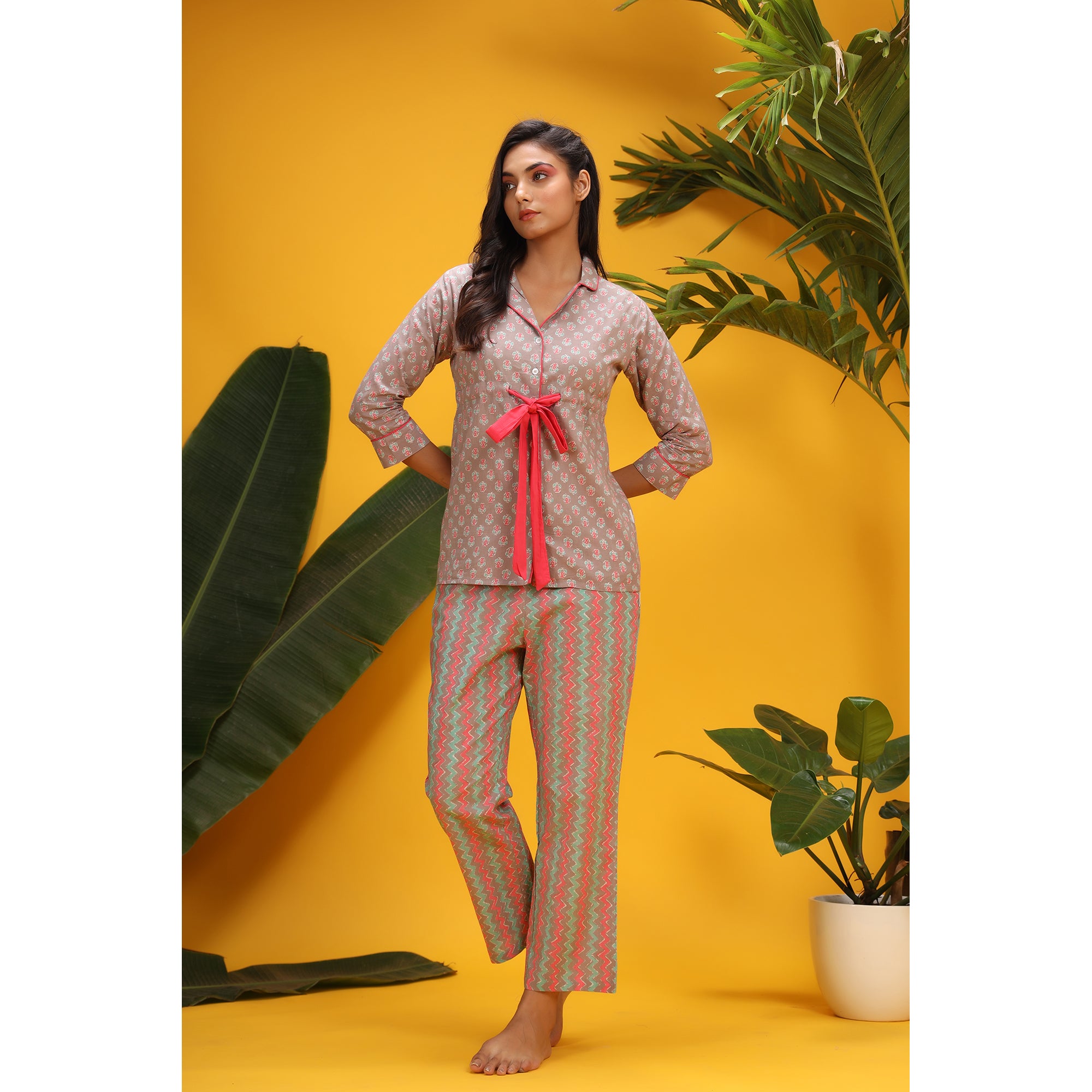 Pink Pop on Grey Front-tie Cotton Loungewear Top Set