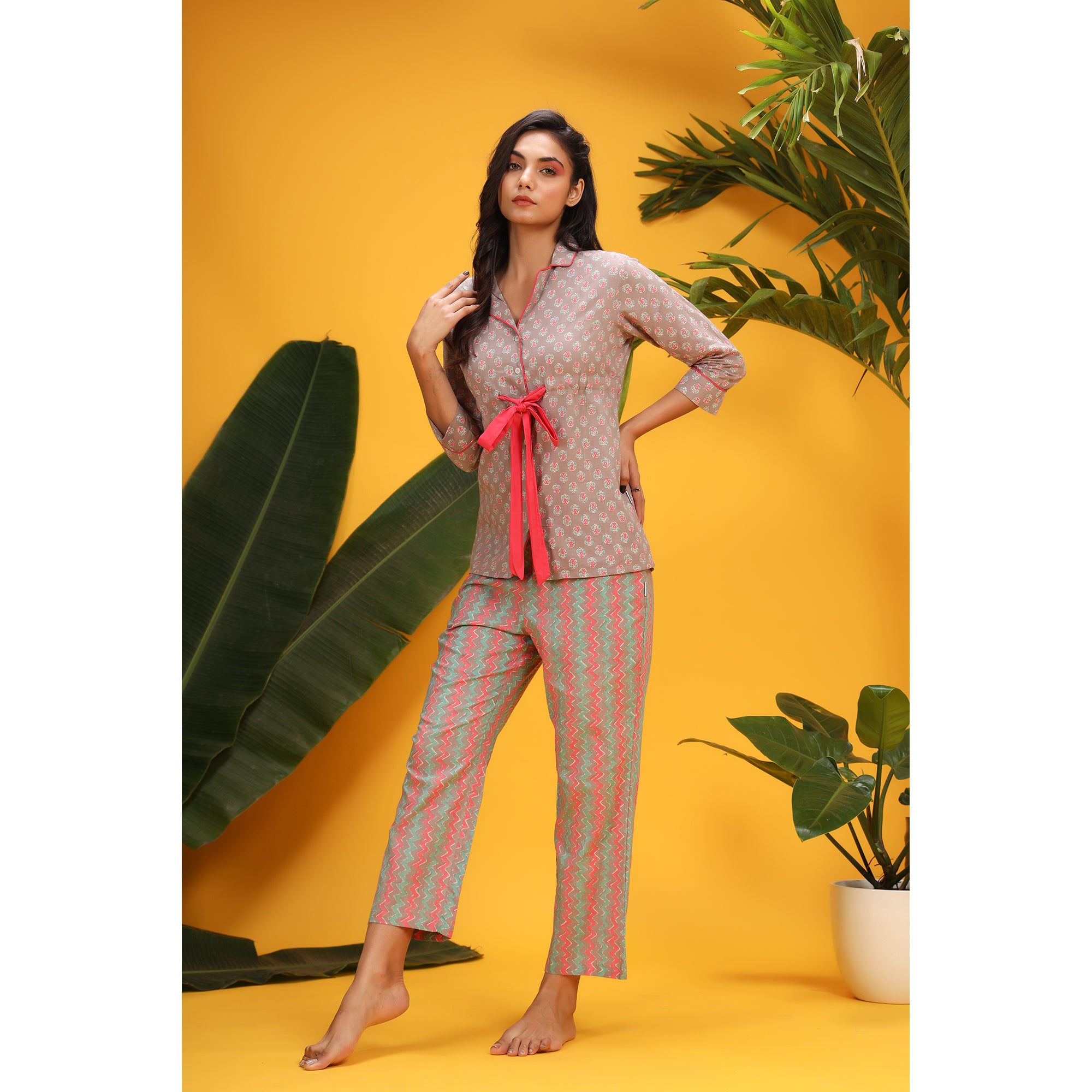 Pink Pop on Grey Front-tie Cotton Loungewear Top Set