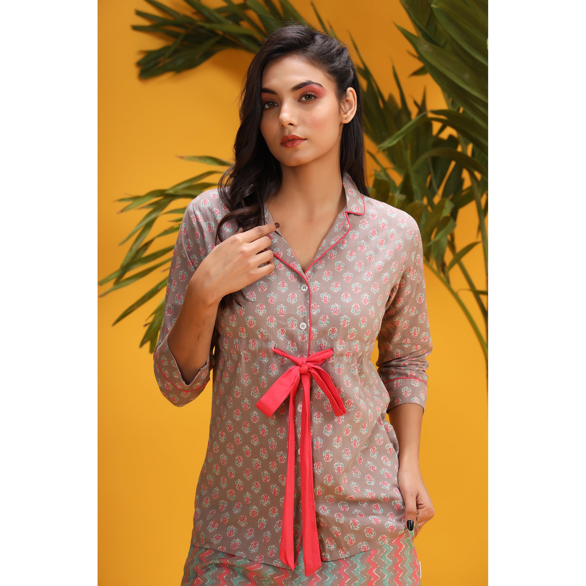 Pink Pop on Grey Front-tie Cotton Loungewear Top Set