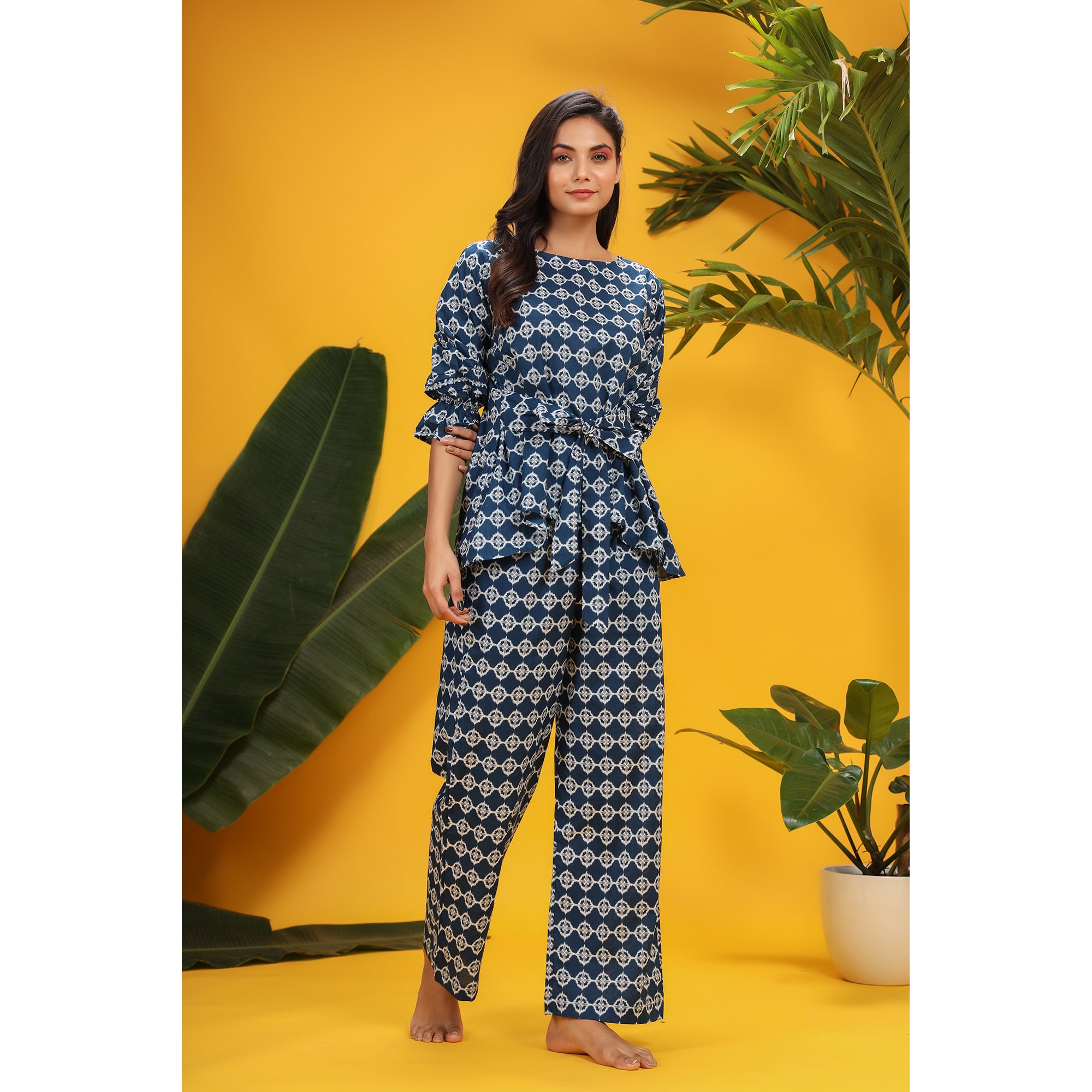 White Glitched Mandala Front Knot on Blue Cotton Co-ord Set