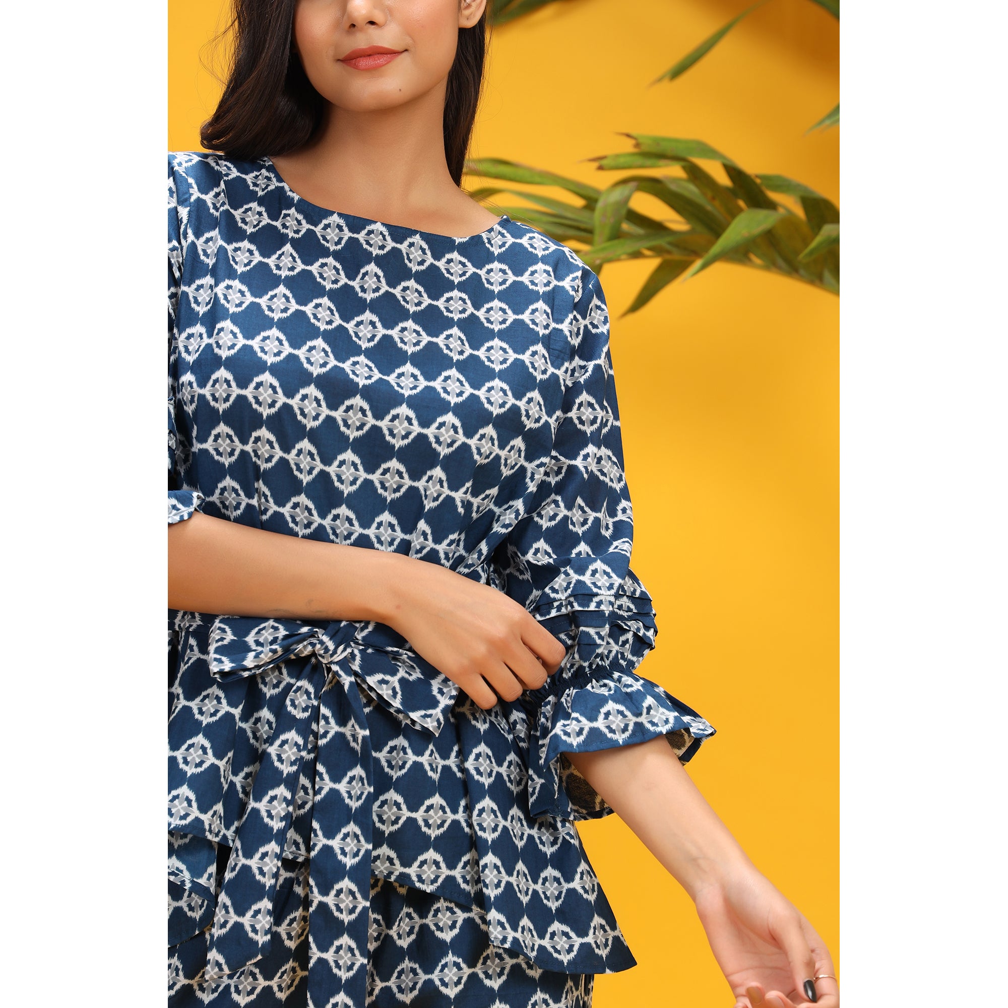 White Glitched Mandala Front Knot on Blue Cotton Co-ord Set