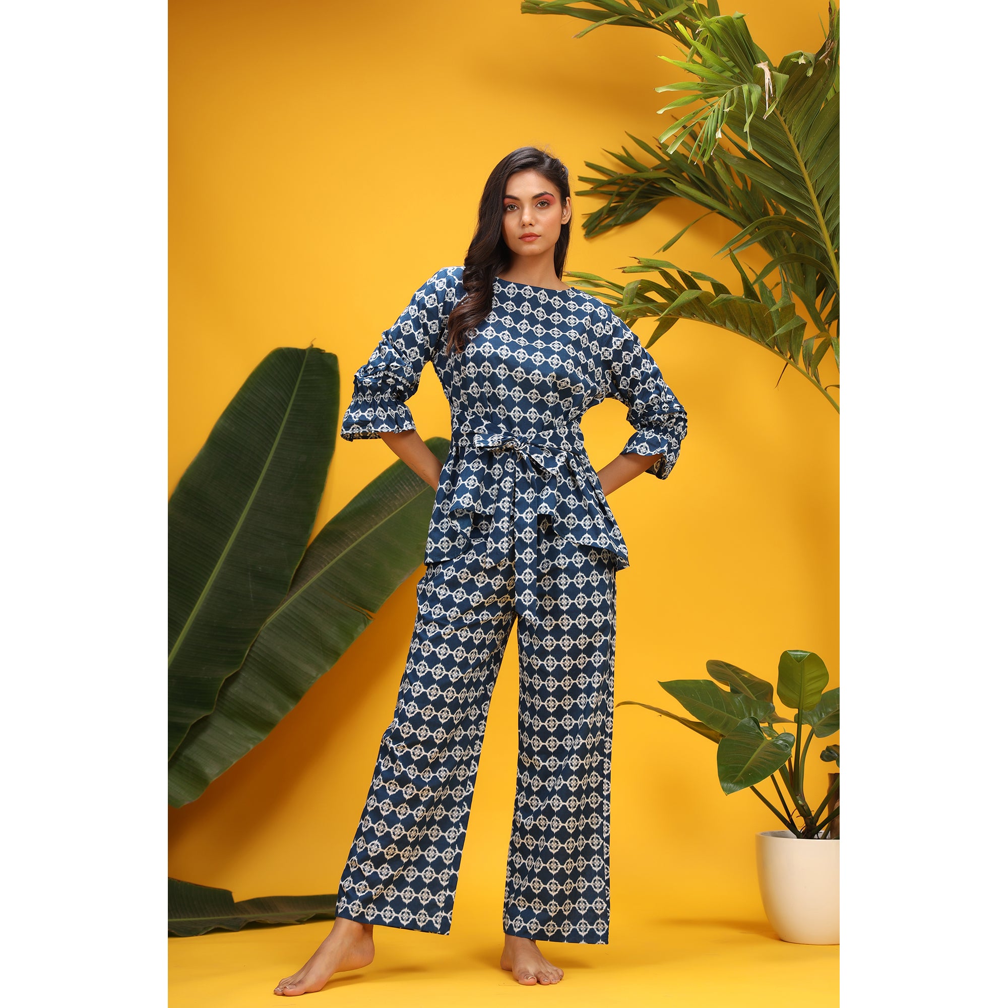 White Glitched Mandala Front Knot on Blue Cotton Co-ord Set